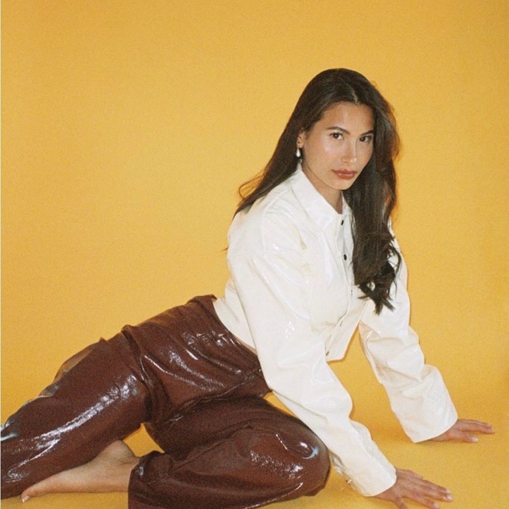 Vintage “My mum made it” patent leather crop style button down